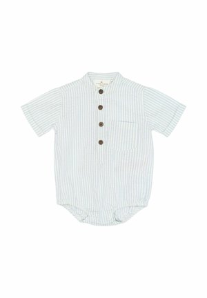 Body a maniche corte con collo, a righe bianche e azzurro chiaro, con tre bottoni marroni e una tasca sul petto; realizzato in tessuto morbido.
