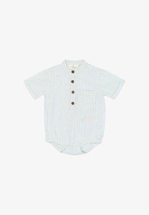 Body a maniche corte con collo, a righe bianche e azzurro chiaro, con tre bottoni marroni e una tasca sul petto; realizzato in tessuto morbido.