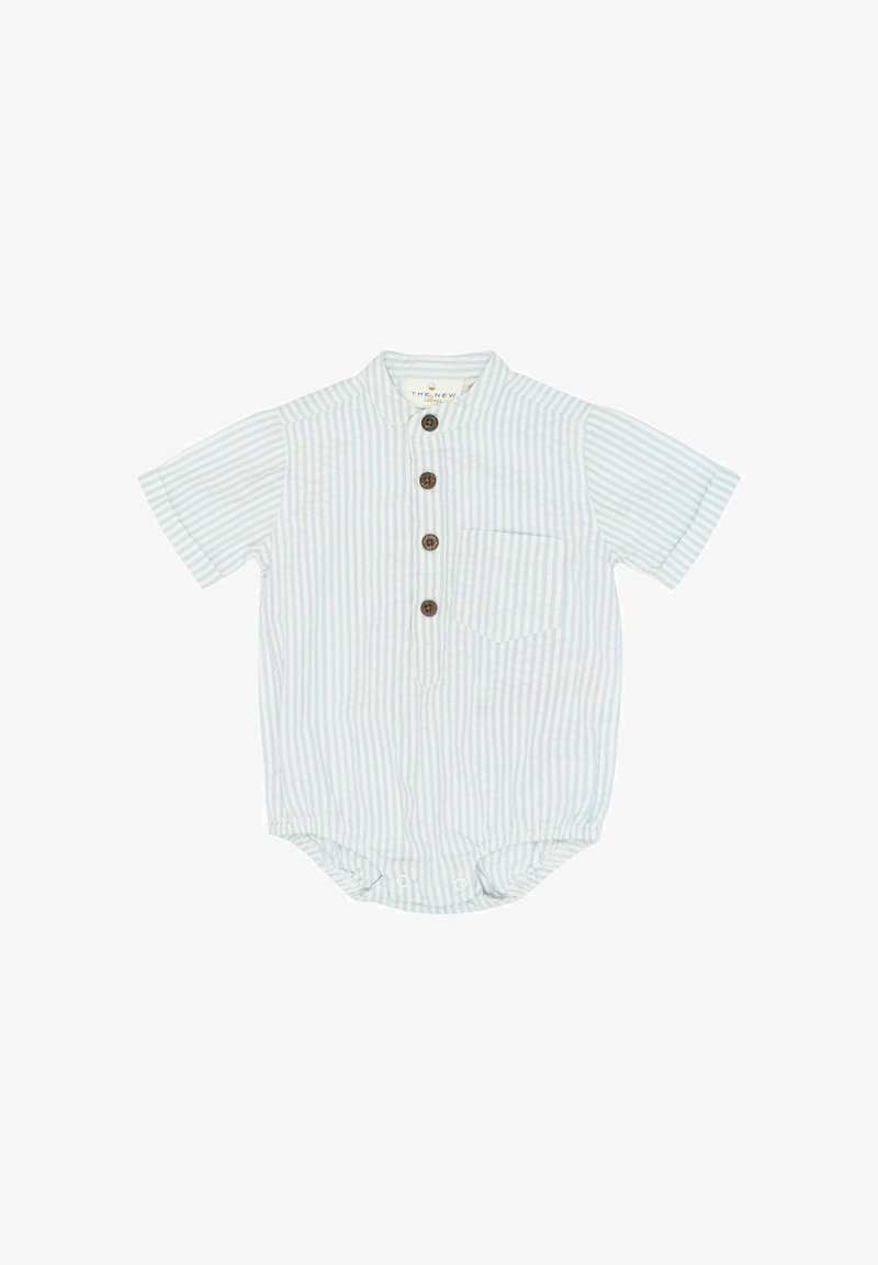 Body à manches courtes rayé bleu clair et blanc avec un col, trois boutons marron et une poche poitrine ; fabriqué en tissu doux.