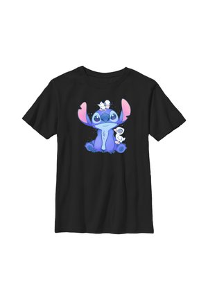 Czarny T-shirt z grafiką niebieskiej postaci z kreskówki z dużymi różowymi uszami, siedzącej, w towarzystwie dwóch małych białych ptaków.