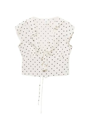 White blouse featuring black polka dots, short flutter sleeves, ruffled front detail, and a drawstring hem for adjustable fit.