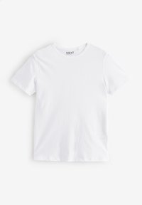 T-shirt en coton blanc avec un col rond, des manches courtes et une coupe droite. Design minimaliste, sans motifs ni ornements.