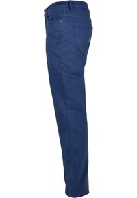 Pantalons bleu marine en tissu mélange de coton. Doté d'un design à jambes droites, de poches latérales et arrière, et d'une fermeture à bouton à la taille.