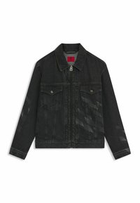 Zwarte denimjack met ritssluiting, twee borstzakken en een textuurpatroon op de mouwen. Klassieke kraag en gestructureerd ontwerp.