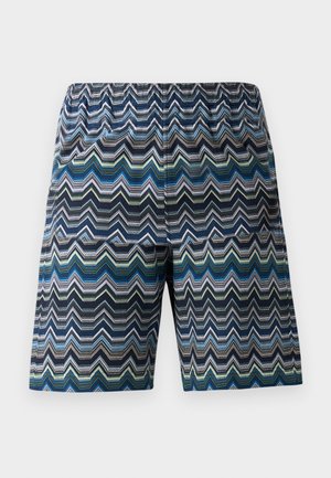 men's shorts featuring a zigzag pattern in blue, green, and black. Elastic waistband, knee-length cut, and lightweight fabric.