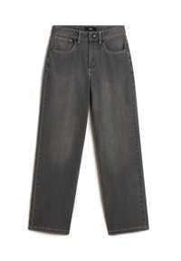 Graue weit geschnittene Jeans aus Denim. Verfügt über fünf Taschen, einen Frontknopf und einen Reißverschluss sowie über subtile Verwaschungen im Stoff.
