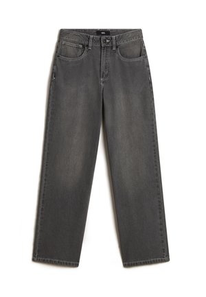 Gray wide-leg jeans made of denim. Features five pockets, a front button and zipper closure, and subtle fading on the fabric.