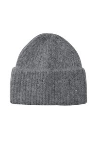 Grijze gebreide muts met een aansluitende geribde band, voorzien van een zachte, getextureerde afwerking en een afgeronde top.