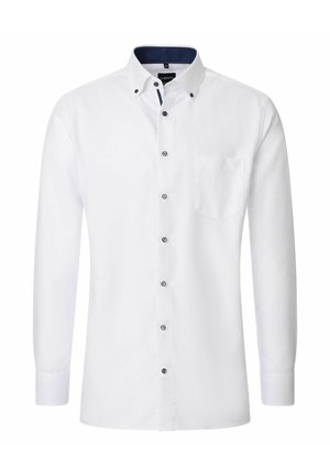 Wit overhemd met lange mouwen, knopen aan de voorkant, een borstzak, donkere knopen en een nautisch blauwe voering aan de binnenkant van de kraag.