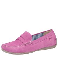 Rosa Wildleder-Mokassin mit gesticktem Detail, im Slip-On-Design und gestreiftem Stofffutter. Flexible Gummisohle für Komfort.