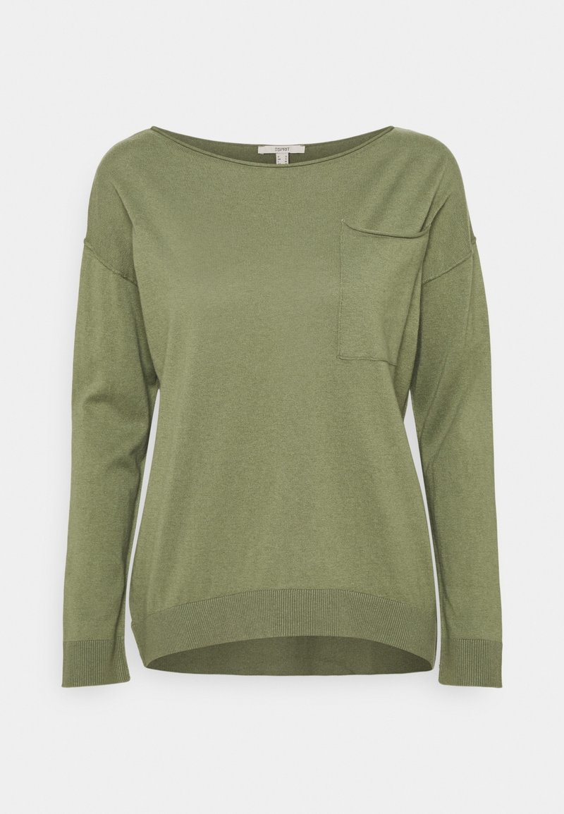 Pull léger vert olive clair à manches longues avec un col rond, une poche poitrine devant, et des poignets et un ourlet côtelés.