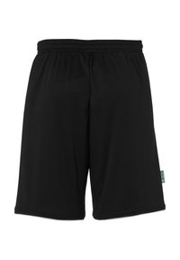 Sorte atletiske shorts lavet af blødt, let materiale. Har en elastisk talje og et lille grønt mærke på højre side.