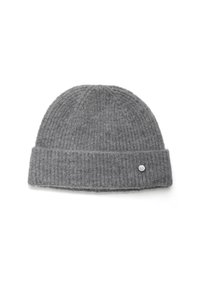 Berretto grigio lavorato a maglia con una texture a coste e un orlo piegato. Presenta un piccolo accento metallico sul fronte. Materiale in morbida lana.