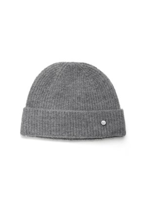 Gray knitted beanie with ribbed texture and a folded cuff. Features a small metallic accent on the front. Soft wool material.