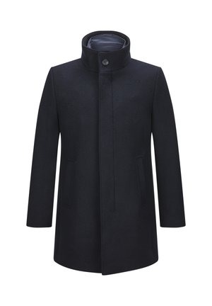 Dunkelblauer Wollmantel mit hochgeschlossenem Kragen, einer Knopfleiste, zwei vorderen Taschen und gerader Silhouette. Glattes Innenfutter.