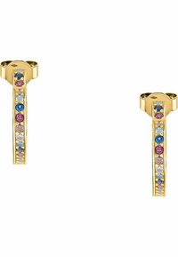 Guldøreringe med en række farverige cubic zirconia i pink, blå og klar, med en glat og poleret overflade.