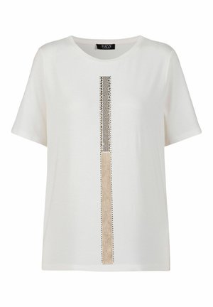 Witte T-shirt met korte mouwen en ronde hals, met een verticale beige en zwarte gestippelde streep in het midden aan de voorkant.