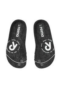 Schwarze Filzsohlen mit weißer Markenkennung. Besitzen abgerundete Kanten und eine strukturierte Oberfläche. Bemerkenswerte Details sind ein rundes Logo und Smileys.