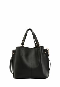 Black faux leather handbag with dual handles, detachable shoulder strap, and gold-tone hardware. Smooth texture with seam details.