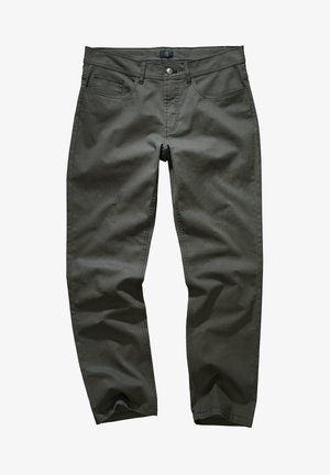 Pantaloni in cotone khaki a gamba dritta, dotati di tasche e chiusura con zip. Il tessuto ha una superficie liscia con contenuti cuciture.