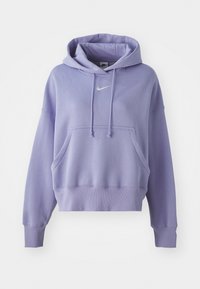 Hoodie lilás claro feito de tecido macio, com um bolso frontal, capuz com cordão e logótipo da Nike branco centrado no peito.