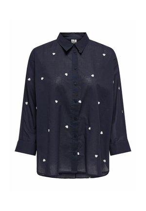 Marineblauwe button-up shirt van lichtgewicht stof, met witte hartvormige borduursels en lange mouwen met knoopmanchetten.