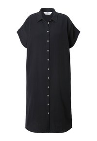 Vestido negro de botones con mangas cortas, cuello y un corte holgado. Fabricado con una tela texturizada y un diseño hasta la rodilla.