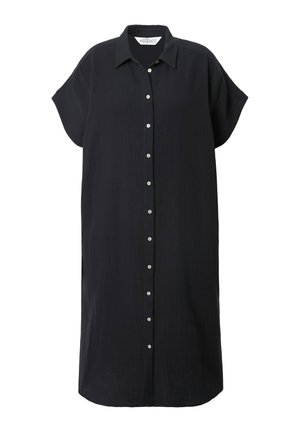 Schwarzes Hemdkleid mit kurzen Ärmeln, Kragen und lockerer Passform. Hergestellt aus strukturiertem Stoff mit einem knielangen Design.