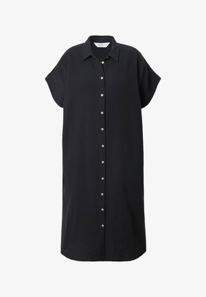 Sort knap-opsat kjole med korte ærmer, krave og afslappet pasform. Lavet af tekstureret stof med et knælangt design.