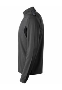 Grå långärmad tröja med hög krage, med textilerad tyg och svarta detaljer på axlarna. Snygg, figurnära design.