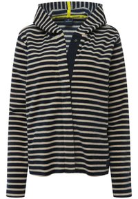 Veste à capuche rayée en tissu doux, avec des rayures horizontales bleu marine et crème, fermeture à boutons sur le devant et manches à revers.
