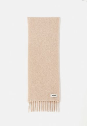 Pehmeä, vaaleanpunainen huivi, joka on valmistettu rakenteellisesta villasta, ja jossa on fringed-päät ja pieni brändilogo. Suorakulmainen muoto, jossa on sileä pinta.