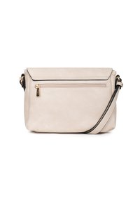 Borsa a tracolla in pelle beige con patta pieghevole, chiusura con zip e rifiniture nere. Presenta una tasca esterna con zip e una tracolla rimovibile.