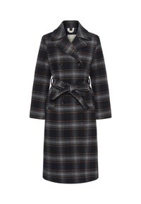 Long manteau croisé à carreaux noirs, gris et bruns, ceinture à la taille et large col à revers.