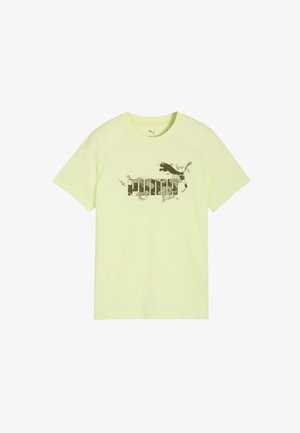 Light yellow short-sleeve Puma t-shirt with a camo-patterned Puma logo and leaping cat graphic centered on the chest.