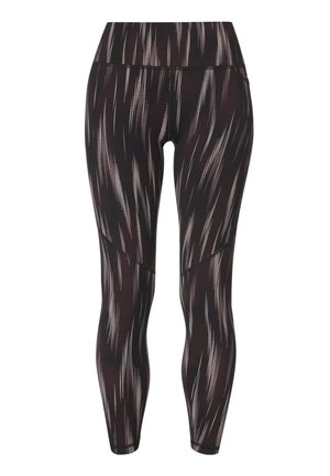 Zwarte leggings met hoge taille, witte verticale streepjespatronen en meshpanelen op de dijen en kuiten.