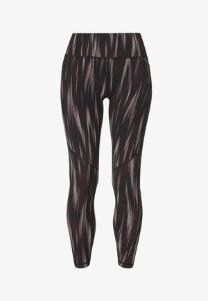Zwarte leggings met hoge taille, witte verticale streepjespatronen en meshpanelen op de dijen en kuiten.