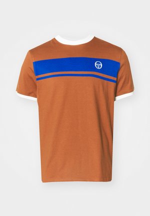 Brown cotton t-shirt with white crew neck and sleeve edges, featuring a horizontal blue stripe and logo on the upper front.