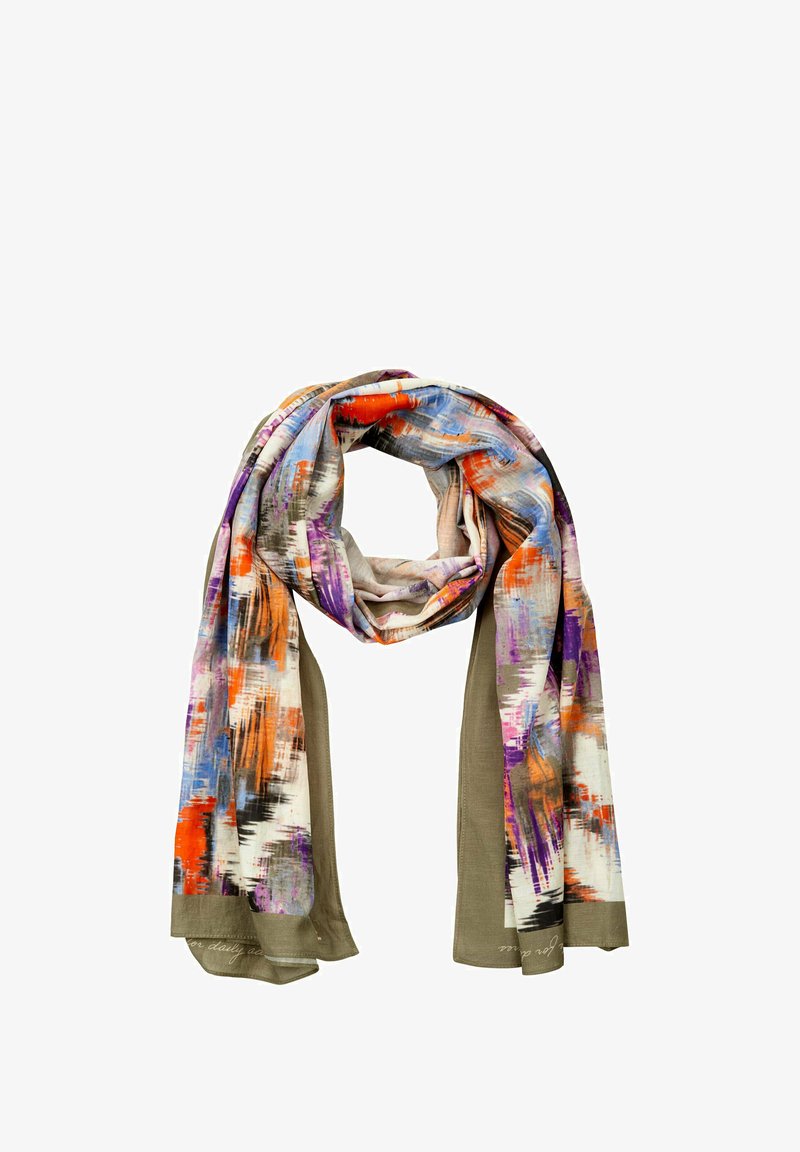 Écharpe légère présentant un motif abstrait avec des accents violets, oranges et bleus, se mélangeant à une base beige avec des bords texturés.