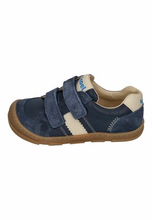 Navy blue and beige children's sneaker with two Velcro straps, rubber sole, and suede and leather panels.