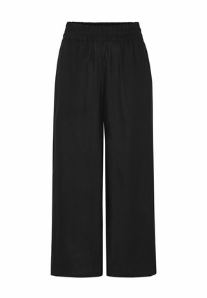 Pantalon noir à jambes larges avec taille élastique et sans poches visibles, présenté sur un fond blanc uni.