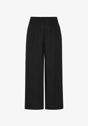 Schwarze Hose mit weitem Bein, elastischem Bund und ohne sichtbare Taschen, vor einem weißen Hintergrund dargestellt.