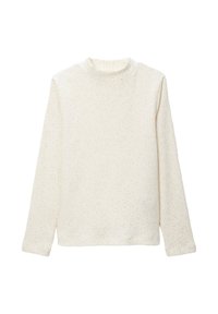 Top à col roulé à manches longues en crème avec de subtils éclats dorés. Texture douce, design ajusté, col rond et ourlet droit.