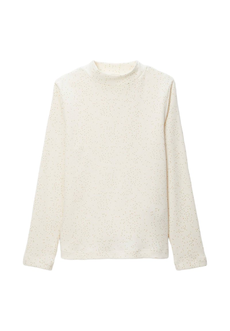 Top à col roulé à manches longues en crème avec de subtils éclats dorés. Texture douce, design ajusté, col rond et ourlet droit.