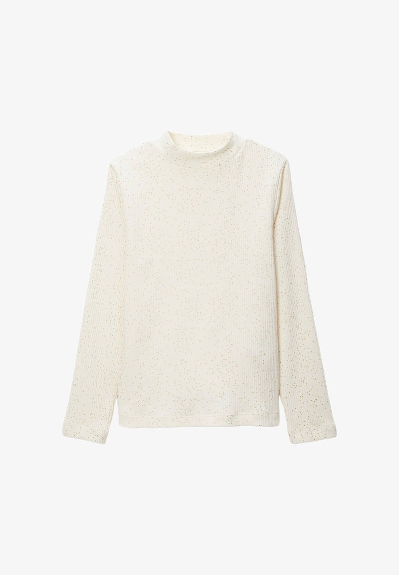 Top à col roulé à manches longues en crème avec de subtils éclats dorés. Texture douce, design ajusté, col rond et ourlet droit.