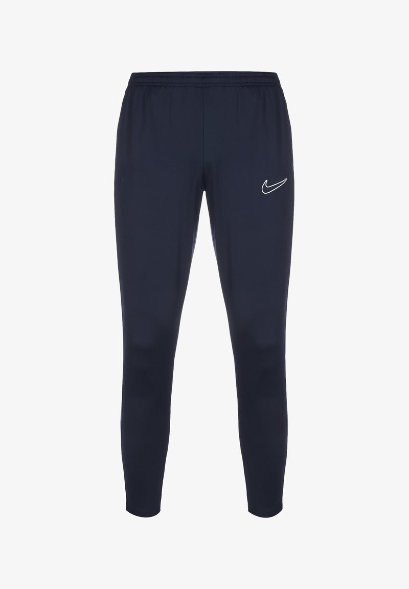 Navy sportleggings gemaakt van rekbare stof met een elastische tailleband en een klein wit Nike-logo op het bovenste deel van het linkerbeen.