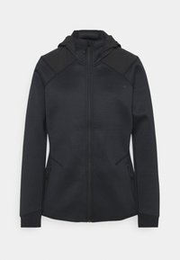 Svart zip-up hoodie gjord av texturerad tyg, med huva, sidofickor och kontrasterande axeldesign. Slät yta, figurnära passform.