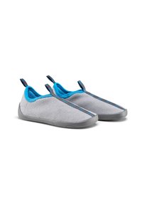 Gray fabric slip-on shoes with blue and gray accents, featuring a textured design and flexible rubber soles. Loop pull tabs on the back.