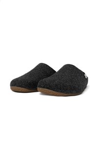 Wollen slippers in donkergrijs met een gestructureerd oppervlak, ronde neus en een lage profiel. De rubberen zool biedt grip voor gebruik binnen.