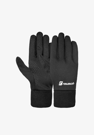 Paire de gants Reusch noirs avec des points antidérapants sur la paume et les doigts, des poignets doublés en polaire, et un logo sur le dos d'un des gants.